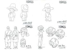 some sketches of people in different hats and clothes, one with a hat on his head