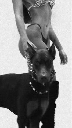 a woman is riding on top of a dog wearing a collar and chain around it's neck