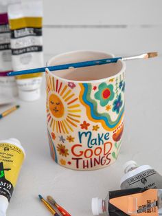 Painter's Cup|Make Good Things-view 1 Diy Cup Design Ideas, Paint Mugs Diy, Clay Mug Painting, Ceramic Mug Diy, Ceramic Mug Painting Ideas, Ceramic Mug Painting, Painting On Ceramics, Cup Painting Ideas, Painting Cups