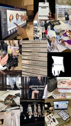 a collage of photos showing various items and people in the background, including books