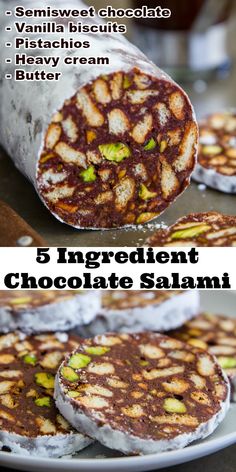 five ingredient chocolate salami rolls on a plate