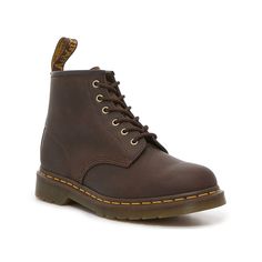 Dr. Martens-101 Boot - Men's The 101 combat boots from Dr. Martens are a staple thanks to their classic military-inspired silhouette and non-slip sole. The leather upper adds a luxurious touch, while the lace-up design ties the entire look together. Ankle Boots Outfit Men, Brown Ankle Boots Outfit, Dr Martens Boots Men, Dark Brown Ankle Boots, Brown Dr Martens, Boots Outfit Men, Brown Combat Boots, Manly Man, Combat Boots Men