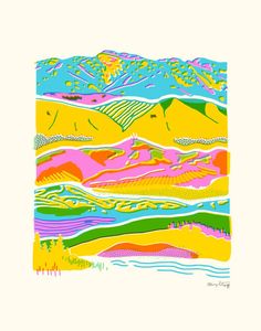 an abstract landscape with mountains and hills in yellow, pink, blue, green and orange