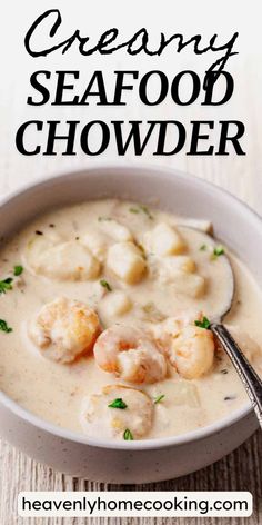 a white bowl filled with creamy seafood chowder