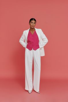 Pink Woman Waistcoat, Summer Waistcoat, Suit Vest, Fuchsia Formal Vest, Vest Pantsuit, Wedding Guest, Gender Party, Birthday, Bachelorette ⭐Size: Please write your chest, waist, hips, height, and we will make a suit to your individual measurements! After you place your order, we may ask you for additional measurements. We do this to ensure that the suit fits you perfectly👌😊 ⭐Our fabric: We have used a premium quality suiting fabric.  ⭐Shipping: ✈️We have two shipping options that we can offer: Festive Pink Workwear Sets, Pink Festive Workwear Sets, Spring Wedding Pink Nehru Jacket, White Sleeveless Formal Suit, Elegant Pink Nehru Jacket For Festive Occasions, Elegant Festive Pantsuit For Formal Occasions, Elegant Formal Pantsuit For Festive Occasions, Elegant Tailored Pink Three-piece Suit, Elegant Pink Outerwear For Festive Occasions