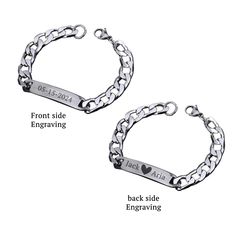 Looking for a special way to celebrate your love? Our Engraved Roman Numeral Silver Bar Matching Couple Bracelets are the perfect choice! These beautiful bracelets can be customized with your wedding date, making them a unique and timeless accessory for you and your partner. Made with high-quality stainless steel, these bracelets are durable and built to last. They are an ideal gift for Valentine's Day, anniversaries, or any special occasion to show your love. Materials: Stainless steel, silver Adjustable Chain Bracelet For Wedding On Valentine's Day, Silver Chain Bracelet For Wedding Or Valentine's Day, Silver Chain Bracelet For Wedding, Personalized Stainless Steel Jewelry For Wedding Gift, Customized Bracelets For Anniversary, Personalized Couples Jewelry, Silver Bracelet With Custom Text For Anniversary, Custom Text Silver Bracelet For Anniversary, Custom Text Silver Bracelets For Anniversary