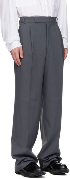 Relaxed-fit straight-leg stretch polyester twill trousers. · Belt loops · Four-pocket styling · Zip-fly · Pleats at waistband · Creased legs · Partial twill lining Supplier color: Charcoal Tailored Wide-leg Pants For Business Casual, Tailored Full-length Work Pants With Pockets, Business Casual Bottoms With Pockets, Full Length, Classic Bottoms With Hidden Pockets And Straight Hem, Tailored Tapered Leg Dress Pants With Side Pockets, Business Dress Pants With Tapered Leg And Side Pockets, Business Tapered Leg Dress Pants With Pockets, Office Dress Pants With Pockets And Full Length, Tailored Semi-formal Bottoms With Side Pockets