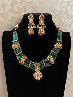 Beautiful antique motifs onyx beads necklace with earrings Antique Necklace Set, Necklace Set Indian, Goddess Dress, Kundan Earrings, Antique Necklace, Indian Traditional, Onyx Bead, Cz Earrings, Finger Rings