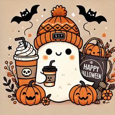 a happy halloween card with a ghost holding a cup of coffee and pumpkins around it