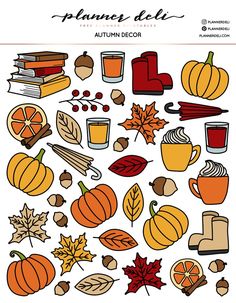 autumn leaves, pumpkins and other items are arranged in the shape of a circle