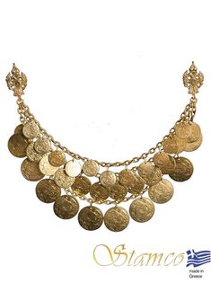 This Traditional Necklace is great for accessorizing your traditional Greek costume. This is imported from Greece and made by the premiere manufacturer of traditional Greek costumes. Shipping time is generally about 1-2 weeks. Traditional Necklaces For Festivals And Ceremonies, Ceremonial Festival Jewelry With Coin Pendant, Traditional Ceremonial Jewelry For Festival, Ceremonial Coin Pendant Necklace For Festivals, Traditional Gold Coin Necklace For Festivals, Traditional Coin Pendant Necklace For Festivals, Traditional Temple Necklace With Coin Pendant, Traditional Handmade Coin Necklace, Traditional Handmade Gold Coin Necklace