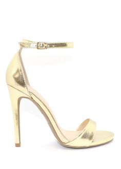 Women's basic strappy gold heels that are used got going out shoes. Ali gold heel is a simple and elegant formal gold shoe that can be worn to weddings and used for bridesmaid shoes so all can have matching shoes. Sleek Gold Heels With Single Toe Strap, Sleek Gold Sandals With Single Toe Strap, Gold Heels With Heel Loop For Formal Occasions, Gold Sandals With Padded Heel For Night Out, Sleek Gold Sandals With 4-inch Heel, Chic Metallic Heels With Heel Loop, Sleek Gold Sandals For Evening, Sleek Gold Evening Sandals, Sleek Gold Heels For Summer