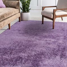 a living room area with a couch and chair, purple rugs on the floor