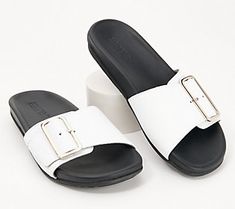 Head out to the farmer's market, take a stroll through the shopping district, or settle in for brunch in these comfy, subtly stylish slide sandals. They're a great go-to option for your daily casual doings. From Naot. Shopping District, Farmer's Market, Leather Buckle, Tahiti, Pool Slides, Slide Sandals, Take A, Fashion Shoes, Take That