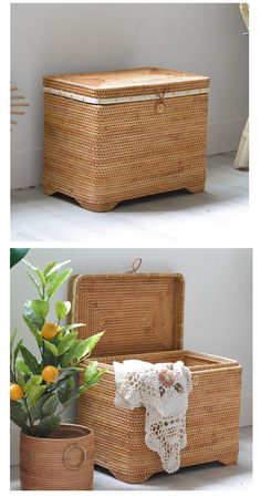 an empty basket sitting on top of a floor next to a potted plant in front of it