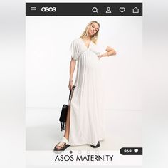 Brand New With Tags Asos Design Maternity Flutter Sleeve Maxi Beach Dress With Channeled Tie Waist In White Fitted V-neck Maternity Dress For Beach, Spring Beach Maternity Dress With Short Sleeves, Summer Beach Maternity Dress With Short Sleeves, Spring Maternity Dress For Beach With Short Sleeves, Spring Maternity Dress With Short Sleeves For Beach, Fitted Maternity Dress For Summer Beach, White Empire Waist Maxi Dress For Summer, Chic Maternity Beach Dress For Summer, White Maternity Dress For Summer Vacation