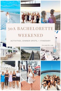 a collage of photos with the words 30 bachelor weekend activities, dinner spots, and therapy