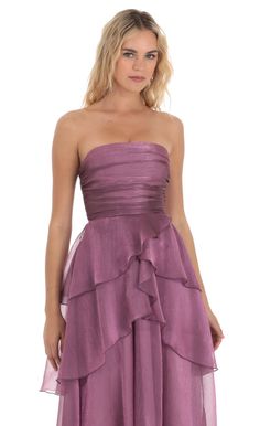 Corset Ruffle Strapless Maxi Dress in Purple | LUCY IN THE SKY Pastel Purple Prom Dress, Purple Asymmetrical Dress, Light Purple Bridesmaid Dresses, Grape Dress, Purple Sundress, Recital Dress, Ruffles Bridesmaid Dresses, School Event Dress, Purple Long Dress