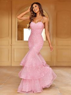 Pink  Collar Sleeveless Sequins Plain Cami Embellished Medium Stretch  Weddings & Events Maxi Prom Dresses, 8th Grade Prom Dresses, Vestidos Color Rosa, Mermaid Sweetheart, 파티 드레스, Stunning Prom Dresses, Pink Mermaid, Pink Prom Dress, Womens Prom Dresses