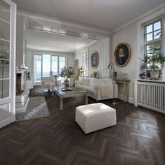 a living room filled with furniture and large windows next to a fire place on top of a hard wood floor