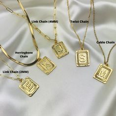 "❤︎ Gold Initial A Necklace, Gold Letter T Initial Necklace, Gold Letter C Initial Necklace, Gold Medal Square Necklace, Personalized Gift ❤︎ ...A B O U T...T H I S...I T E M... ~~Lead-free and Nickel-free. ~~ 100% Hypoallergenic. ...S I Z E...&...M A T E R I A L... ~~Pendant length: 24MM x width 16MM. ~~Pendant Material: High Quality 18K Gold Plated. ~~The necklace length is 16\" + 2\" extender. ~~Chains Material: (Cable Chain) High Quality Stainless Steel- (Twist Chain) High Quality Stainl Gold Rectangular Pendant Initial Necklace With Adjustable Chain, Gold Necklace With Personalized Rectangular Links, Personalized Gold Necklace With Rectangular Links, Gold Tarnish Resistant Initial Necklace With Rectangular Pendant, Gold Engraved Rectangular Charm Necklaces, Gold Square Pendant Chain Necklace As Gift, Personalized Gold Necklace With Square Pendant, Gold Engraved Rectangular Charm Necklace, Gold Rectangular Pendant Jewelry For Everyday