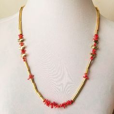 I Handmade This Necklace In My Small Maine Studio Using New And Vintage Beads. I Used Vintage Red Coral Beads, Vintage Brass Tube Beads, And New Gold Tone Bird Beads. Antiqued Gold Tone Hook Clasp. It Has A Nice Weighty Feel For Its Size. Measures Approx 27 1/2" Long. Ships Fast! Snlh8288fl7h5r Bohemian Red Coral Beaded Necklace With Polished Beads, Adjustable Hand-strung Red Coral Necklace, Beaded Red Coral Necklaces In Coral Color, Beaded Red Coral Necklace, Bohemian Hand-strung Red Coral Necklaces, Coral Beaded Necklaces In Red Coral, Coral Beaded Necklace In Red Coral, Hand-strung Red Coral Beaded Necklaces As Gift, Hand-strung Red Coral Beaded Necklace For Gifts