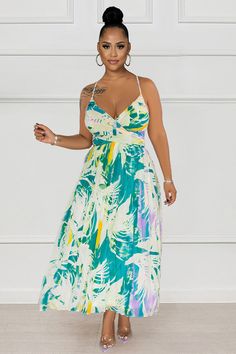 Pattern print Halter neck Sleeveless design Backless design A-line deatil Pleated design Flowy hem Midi length Product Measurements Waist Length Label Size US Size IN IN S 4-6 27.95 46.26 M 8 29.53 46.65 L 10 32.68 47.05 XL 12-14 35.83 47.44 2XL 16-18 38.98 47.83 3XL 18-20 42.91 48.23 Product Measurements Waist Length Label Size US Size CM CM S 4-6 71 117.5 M 8 75 118.5 L 10 83 119.5 XL 12-14 91 120.5 2XL 16-18 99 121.5 3XL 18-20 109 122.5 Floor-length Flowy Halter Dress For The Beach, Flowy V-neck Halter Summer Dress, Flowy V-neck Beach Dress With Tropical Print, Midi Dress Pattern, Tropical Maxi Dress With Vibrant Print And V-neck, Vibrant Print V-neck Beach Dress, Waist Length, Green Midi Dress, Label Sizes