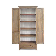 an open wooden cabinet with drawers on the front and bottom shelves, against a white background