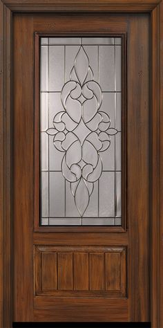 a wooden door with a glass paneled window