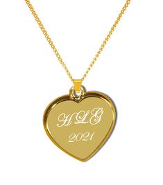 "This personalized gold plated heart pendant necklace can be engraved for that special occasion. Add a personalized meaning by engraving a name, date, or initials. Includes 20 inch chain Dimensions: 0.875\" x 0.875\" Material Gold Plated How To Send Engraving Instructions: When you are ready to order click ADD TO CART. During checkout fill out the ADD A NOTE section with your engraving instructions. You can also send a message prior to purchase to discuss the engraving you would like." Custom Engraved Necklace, Heart Pendant Gold, Gold Heart Necklace, Necklace Wedding, Engraved Necklace, Engraved Items, Bridesmaids Gifts, Gold Heart, Heart Pendant Necklace