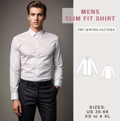 Digital sewing pattern for mens slim fit shirt.   ✔️ US Sizes: 2, 4, 6, 8, 10, 12, 14, 16, 18, 20, 22, 24, 26, 28, 30 ✔️ Standard sizes: XS, S, M, L, XL, 2XL, 3XL, 4XL/5XL ✔️These templates are suitable for A4, A0 and US Letter size paper. When you purchase this pattern, you will receive a digital (pdf) sewing pattern and instructions. Once your payment processes, you will automatically receive a download links of pattern files. If you have any problem accessing the files, please don't hesitate Shirt Pattern For Men Long Sleeve, Long Sleeve Shirt Sewing Pattern, Mens Button Up Shirt Pattern Free, Mens Hawaiian Shirt Sewing Pattern, Mens Shirt Pattern Mens Shirt Pattern Sewing, Men’s Button Up Shirt Pattern, Shirt Sewing, Plus Size Patterns, Shirt Sewing Pattern