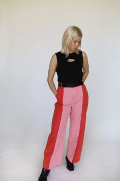 Poppy Pants in Pink Cherry – Sugar Cilantro Pink Cotton Pants For Fall, Retro Trousers Jeans For Fall, Retro Jeans Shaped As Trousers For Fall, Spring Straight Leg Color Block Pants, Color Block Cotton Bottoms For Fall, Spring Color Block Straight Leg Pants, Fall Color Block Cotton Bottoms, Cotton Color Block Relaxed Fit Bottoms, Relaxed Fit Cotton Color Block Bottoms