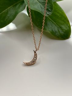 "Dainty Diamond Moon Necklace Pendant in 14k rose gold. This necklace is perfect by itself or or layered. You can wear it day or night. This necklace is versatile and perfect as a gift. Effortlessly trendy and beautiful! Metal14k Rose gold Pure gold / Finish.... polish NecklaceHandmade in USA Diamond weight0.10CT G - VS1 quality *14k rose gold chain included * Chain sizes Available.. 16\", 18\" , 20 inches long" Elegant Moon-shaped Necklace With Delicate Chain, Minimalist 14k Rose Gold Necklace, 14k Rose Gold Moon-shaped Jewelry, Rose Gold Crescent Necklace With Moon Charm, Rose Gold Crescent Moon Charm Necklace, Rose Gold Moon Shaped 14k Gold Jewelry, Rose Gold 14k Moon Shaped Jewelry, Rose Gold Crescent Necklace Gift, Rose Gold Crescent Jewelry Gift