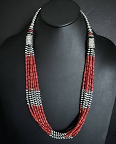 Sterling Silver Multi Strand Red Bamboo Coral Bead Necklace 30 Inch Multi-strand Red Coral Necklace With Polished Beads, Red Coral Necklaces With Round Faceted Beads, Red Coral Necklace With Faceted Beads, Faceted Red Coral Necklace, Traditional Red Coral Beads, Traditional Red Coral Beaded Necklace, Traditional Multi-strand Red Coral Beaded Necklace, Traditional Multi-strand Red Coral Necklaces, Traditional Multi-strand Red Coral Necklace