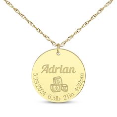 Congratulate them with this darling round disc baby stats necklace. 10K yellow gold Baby's name is engraved above "ABC" letter blocks Date, weight, length and time of birth—or any other information you prefer—is recorded along the bottom edge Adjustable 18-inch rope chain with spring ring clasp 14k Gold Name Necklace With Round Shape, 14k Gold Round Necklace With Name Detail, 14k Gold Round Necklace With Name, Personalized 14k Name Necklace For Mother's Day, Personalized 14k Stamped Name Necklace For Mother's Day, Mother's Day Personalized 14k Stamped Name Necklace, Yellow Gold Name Necklace With Round Pendant, 14k Gold Name Necklace