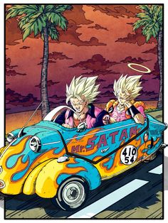 two cartoon characters riding in an orange and blue car with flames on the side, near palm trees