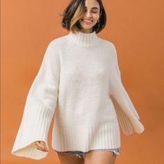 Bell Sleeve Sweater Outfit, Knit Chunky Sweater, Cream Turtleneck Sweater, Tiered Tulle Skirt, Flying Tomato Dress, Cream Turtleneck, Sweater Layering, Flying Tomato, Oversize Knit