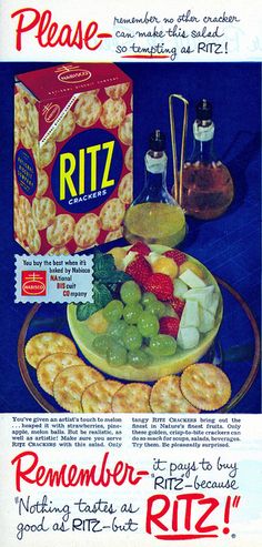 an advertisement for ritz crackers with grapes and fruit on the plate next to it