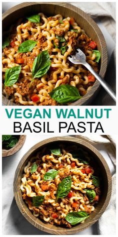 vegan walnut basil pasta in a wooden bowl