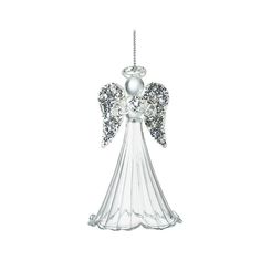 an angel ornament hanging from a chain on a white background with crystal beads