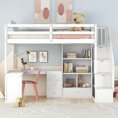 a white loft bed with desk underneath and stairs to the upper level, in a child's bedroom