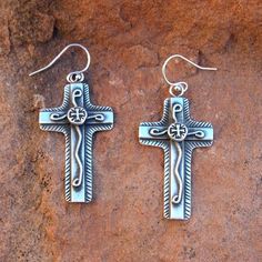 E240 Chimayo Cross Overlay sterling silver southwestern native style earrings Artisan Silver Cross Jewelry, Nickel Free Sterling Silver Cross Earrings, Bohemian Sterling Silver Cross Jewelry, Silver Sterling Silver Cross Earrings, Silver Sterling Cross Earrings, Handmade Southwestern Style Cross Pendant Jewelry, Southwestern Style Silver Cross Necklaces, Artisan Silver Crucifix Jewelry, Artisan Sterling Silver Crucifix Jewelry