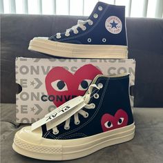 Classic Chuck 70 With A Playful Twist. Unisex High Top Shoe This Style Runs Large (Long) Wear Your Heart On Your Shoes With The Converse X Comme Des Garons Play Chuck 70 Sneaker. This Street-Ready Style Features The Premium Chuck Details You Know And Love, Paired With A Whimsical Heart-And-Eyes Graphic Peeking Just Above The Sole. Eye-Catching Is An Understatement. Why You Should Be Down Canvas Is Lightweight And Durable. Tonal Rubber Toe Cap And Contrasting Heelstay For Standout Style. Lace-Up Converse Heart Shoes, Converse Play Comme Des Garcons, Heart Converse, Chuck 70 Converse, Converse X Comme Des Garcons, Eyes Graphic, Converse Play, Play Converse, Comme Des Garcons Converse