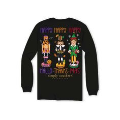 Simply Southern Youth Happy Hallo-Thank-Mas Long Sleeve T-Shirt Novelty Long Sleeve T-shirt With Graphic Print, Fun Long Sleeve T-shirt With Screen Print, Funny Holiday T-shirt With Graphic Print, Playful Long-sleeve T-shirt With Graphic Print, Playful Long-sleeved T-shirt With Graphic Print, Playful Pre-shrunk T-shirt For Fall, Playful Crew Neck T-shirt For Fall, Black Shirt With Graphic Print For Holiday, Black Graphic Print Shirt For Holiday