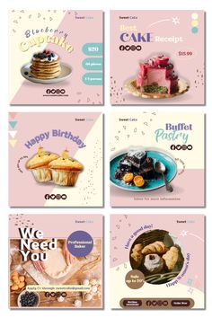 four banners with different types of food and desserts on them, all in pastel colors