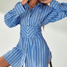 Size Xs With Cinched Waist Black, White, And Blue Stripes So Perfect For Game Days, Work, Or Anything Casual! New With Tags, Never Worn Striped Fitted V-neck Shirt Dress, Striped Mini Dress With Buttons, Striped Mini Dresses With Buttons, Striped Fitted Shirt Dress For Beach, Striped Mini-length Dresses With Buttons, Striped V-neck Fitted Shirt Dress, Fitted Striped V-neck Shirt Dress, Fitted Striped Shirt Dress With Buttons, Fitted Zara Shirt Dress For Daywear