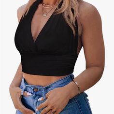 Trendy Halter Crop Top For Girls Y2k Black Top With Built-in Bra, Black Halter Top With Built-in Bra For Spring, Black Halter Neck Top With Built-in Bra, Y2k Sleeveless Top With Built-in Bra, Y2k Stretch Tank Top For Night Out, Y2k Tops With Built-in Bra For Night Out, Chic Black Low-cut Crop Top, Y2k Backless Top For Night Out, Low-cut Tops For Summer Night Out