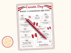 a red pen sitting on top of a paper with canadian information written in the form of an i am canadian