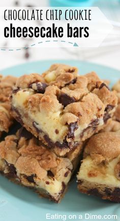 chocolate chip cookie cheesecake bars on a blue plate