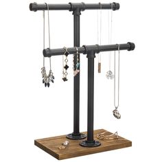 PRICES MAY VARY. 2 tier jewelry display stand with metal pipe t-bars and brown wood base **Some assembly required** Top bar can hold most opera-length necklaces (30 inches) or shorter, bottom bar great for hanging bracelets and watches **Jewelry not included** Occupies minimal space on a dresser, table or counter top Rugged metal pipes and wood base provide striking contrast for lustrous jewelry SPECS: Overall - 12.0 W x 6.75 D x 17.25 H; Base - 9.75 W x 6.75 D x 0.75 H; Small Tier - 9.75 H; Lar Jewelry Organizer Stand, Dresser Table, Countertop Surfaces, Jewelry Rack, Industrial Bar, Black Industrial, Bar Jewelry, Urban Rustic, Black Pipe